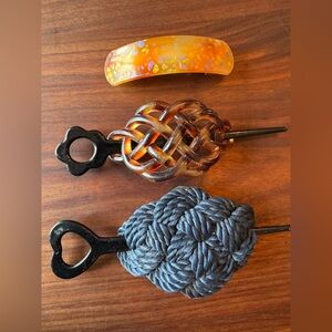 Vintage Set of Three Hair Accessories in Orange, Brown, and Blue
